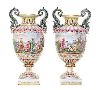 A Pair of Capodimonte Porcelain Urns, Height 17 1/8 inches.