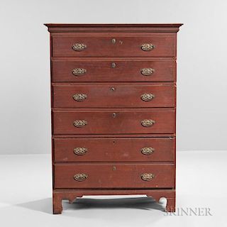 Red-painted Tall Chest of Six Drawers