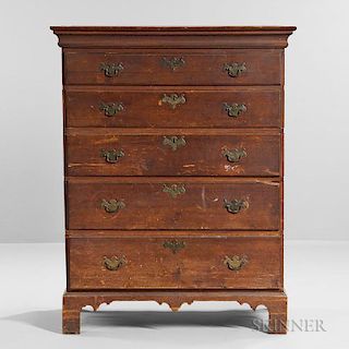 Red-painted Maple Tall Chest of Five Drawers