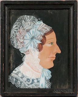 American School, Early 19th Century      Portrait of a Woman in a Lace Bonnet with Powder Blue Ribbons