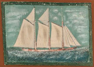 Rare Maritimes Painted Canvas Rug Picturing a Sailing Vessel