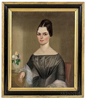 American School, 19th Century      Portrait of Ruth Eliza Gates in a Gray Dress with Small Vase of Flowers