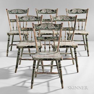 Set of Six Light Blue-painted, Silver- and Gilt-stenciled, and Paint-decorated Tablet-back Side Chairs
