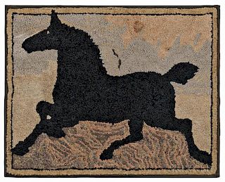 Hooked Rug with Black Horse