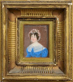 Anglo-American School, Early 19th Century      Miniature Portrait of a Woman in a Blue Dress