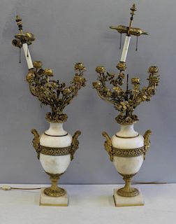 A Pair of White Marble & Gilt Bronze Candelabras
