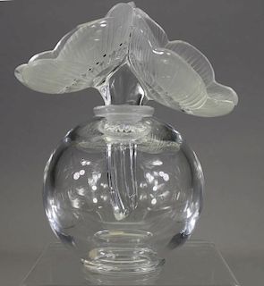 Signed Lalique, Glass Jar w/ Floral Stopper