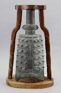 Chinese Bronze Age Style Temple Bell on Stand