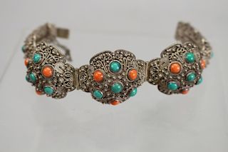 Green/Orange Stone Silver Bracelet