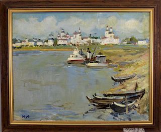 Louri Mikhailev, 20th C. Russian Harbor Scene