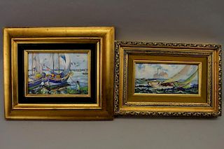 (2) Signed Enamel on Copper Nautical Paintings