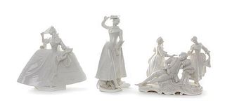 Three Nymphenberg Blanc de Chine Porcelain Figures, Height of first 6 1/4 inches.