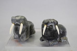 (2) Inuit Carved Walruses w/ Tusks