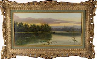 19th C. English Landscape, Pond with Fishermen