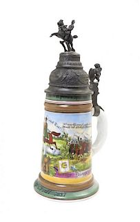 A German Pewter Mounted Regimental Stein, KARL RAU, 20TH CENTURY AFTER THE 1997 EXAMPLE, Height 11 3/4 inches.