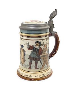 A Mettlach Pewter Mounted Stein, Height 8 inches.