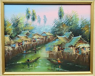 Signed, 20th C. Southeast Asian River Painting
