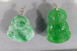 (2) Jadeite Chinese Carved Pendants, Silver Clasp