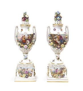 A Pair of German Porcelain Urns, CARL THIEME, 19TH CENTURY, Height overall 19 inches.
