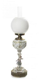 A Dresden Figural Oil Lamp, Height overall 22 inches.