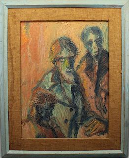 Muhsin 1960 Signed Painting of 2 Men, Exh Label