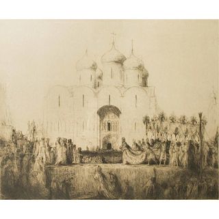 Marius Bauer Etching, "The Crowning of Nicholas II in Moscow"