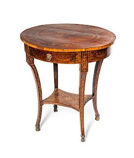 A Continental Marquetry Center Table, Height 32 x width 30 x depth 25 3/8 inches.