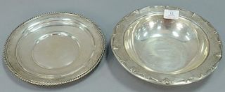 Two sterling silver dishes including a plate (dia. 10in.) and a bowl (dia. 10 1/2in.). 21.74 t oz.