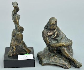 Two small modern bronze sculptures including a seated girl signed Rose and a walking figure. ht. 6 1/4in. & 4 3/4in.