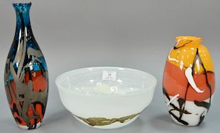 Three Murano art glass pieces with overlay enamel decoration to include orange, red, and white vase with enameled white and b