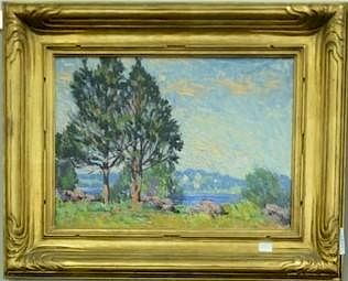 Robert Fulton Logan (1889-1959), oil on board, Spring Landscape on the River, signed R.F. Logan 1917. 13" x 9"
