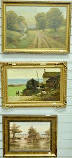 Three framed paintings to include oil on canvas, Barn with Ducks Along Water, initialed W.W.; JD. Lane, oil on canvas, Countr