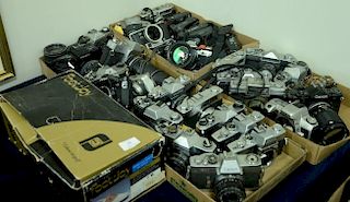 Four box lots: Camera lot with Canon, Minolta, Yashica, Mamiya, and Pentax, mostly SLR for ports or repair, approximately 28 