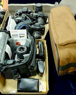 Two box lots: Canon group lot to include Canon EOS 750 (1252161) with instructions, Aspherical AF 28-80/3.5-4.5 (255210), and