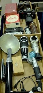 Two box lots: Camera group lot to include E. Leitz fan type flash with cord, E. Leitz flash with film door attachment, Elmar 