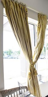 Pair of custom tan silk drapes, lined curtains, window or door treatment. approximate measurements: lg. 116in., wd. 89in. Pro
