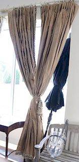 Pair of custom tan silk drapes, lined curtains, window or door treatment. approximate measurements: lg. 114in., wd. 92in. Pro
