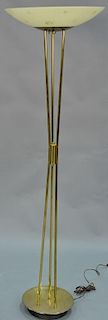 Brass tripod torchiere lamp, shade signed Gill LS. ht. 65in., shade dia. 20in.