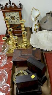 Three box lots to include Federal style mahogany mantle clock, six brass candlesticks, mahogany tea box, pair of bookends, st