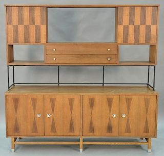 Danish style sideboard by Stanley with patterned geometric inlay and contrasting veneer. ht. 71in., wd. 72in., dp. 18in.