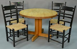 Ten piece lot to include a butcher block table, four chairs, four bamboo side chairs, and an oak side chair with upholstered 