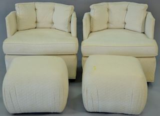 Pair of Harvey Probber style Mid-Century swivel chairs and ottomans, stamped Theodore Graham ASID, Woodbridge, CT