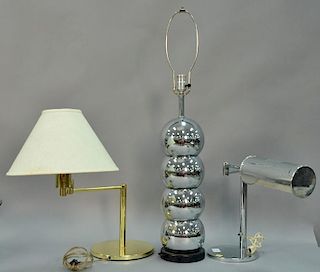 Three lamps including Ball lamp George Kovacs Sonneman, two swing arm desk lamps (one chrome and one ball), and one tall lamp