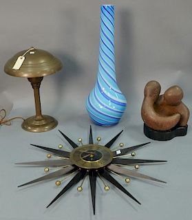 Five piece lot to include Murano art glass vase, aluminum floor lamp, table lamp, sculpture of two people, and star shaped cl