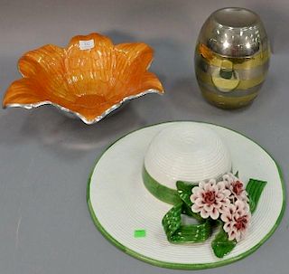 Three piece lot to include Julia Knight pewter enameled flower bowl, Brevettato made in Italy stacking barrel dish, and a cer