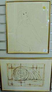 Ten framed drawings including four by Richard Evans, two abstract by V. A. Kawskai?; two watercolors pencil signed Jay; woodb