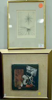 Six framed items including etching Christmas 1956 for John Skillon and Ernest Hillman 5/20; Catriona, sketch of a seated woma