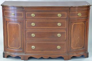 Custom mahogany inlaid buffet server. ht. 36in., wd. 58in., dp. 22in.
