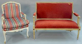 Two piece lot to include Louis XVI French style settee along with Louis XV style armchair. settee: lg. 49in.