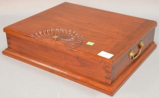 Custom mahogany lift top box with carved shell in top. ht. 3 1/2in., wd. 17in.